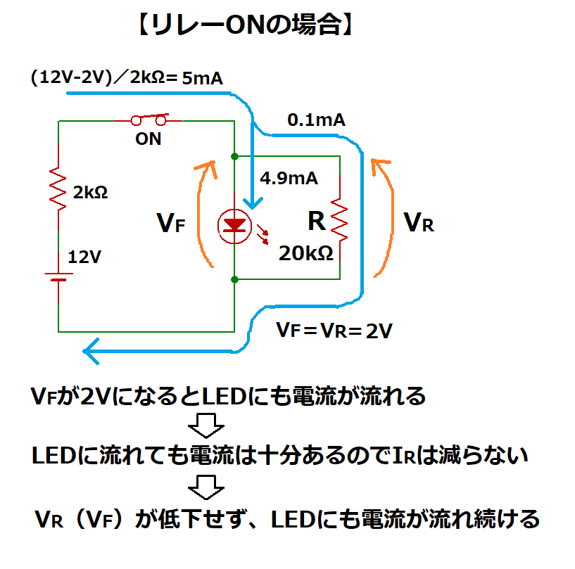 リレーONの場合のLEDに流れる電流