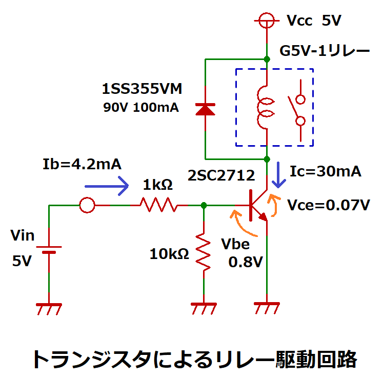 トランジスタによるリレー駆動回路