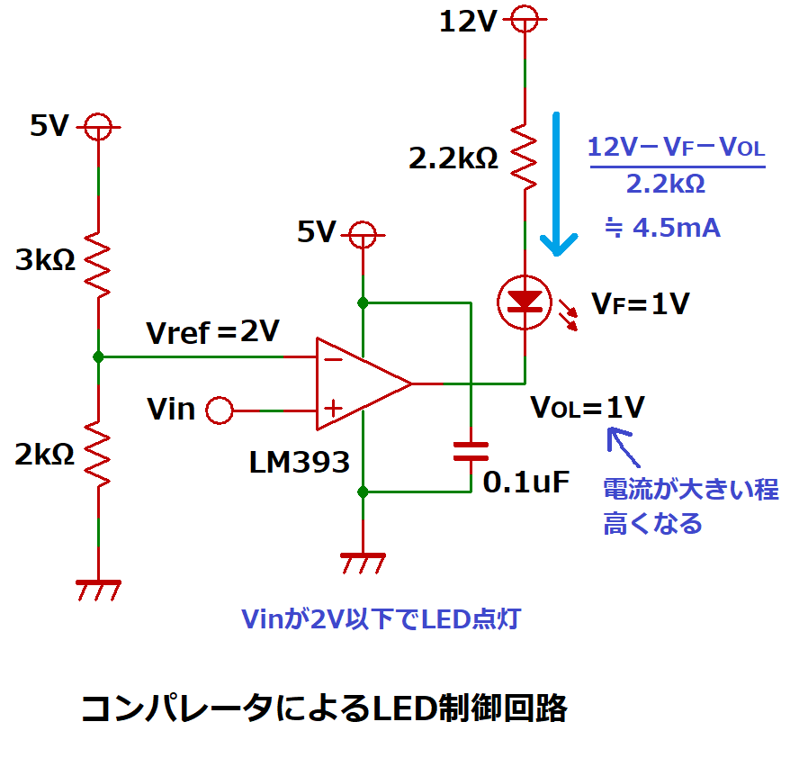 コンパレータによるLED制御回路