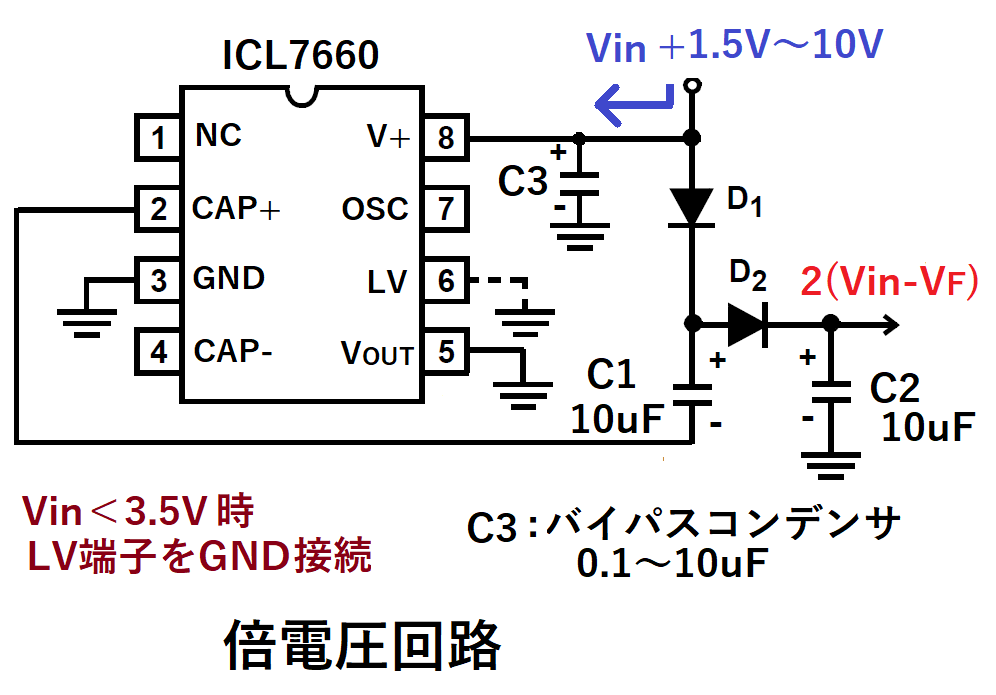 ICL7660によるチャージポンプ倍電圧回路