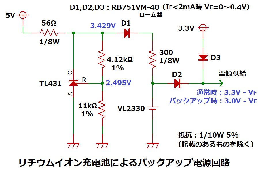 リチウムイオン充電池によるバックアップ電源回路
