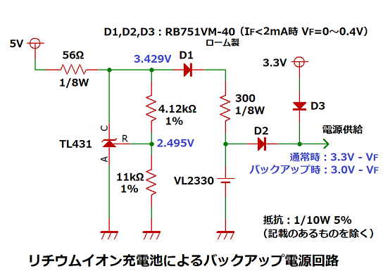 リチウム充電池によるバックアップ電源回路