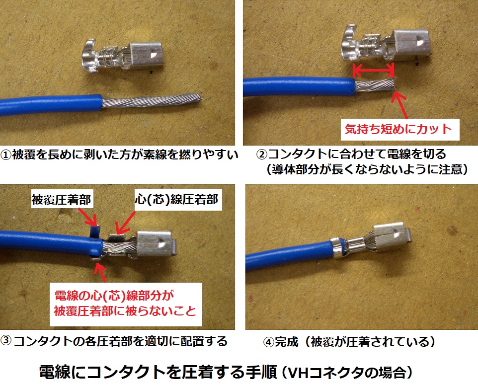 電線にコンタクトを圧着する手順(VHコネクタの場合)