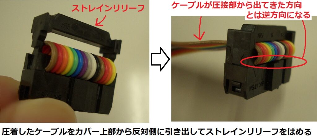 フラットケーブルコネクタのストレインリリーフの取付