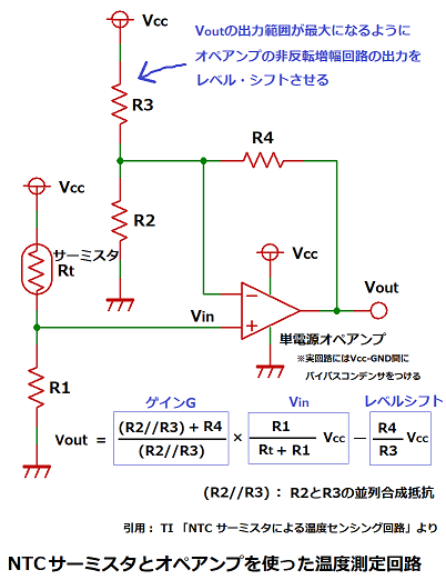 NTCサーミスタとオペアンプを使った温度測定回路