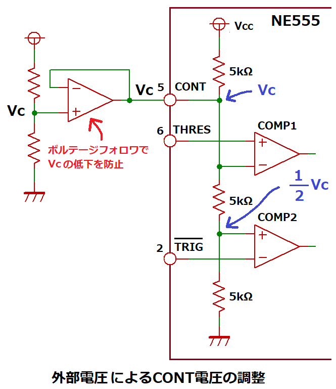 タイマIC NE555におけるCONT入力にボルテージフォロワを用いた例