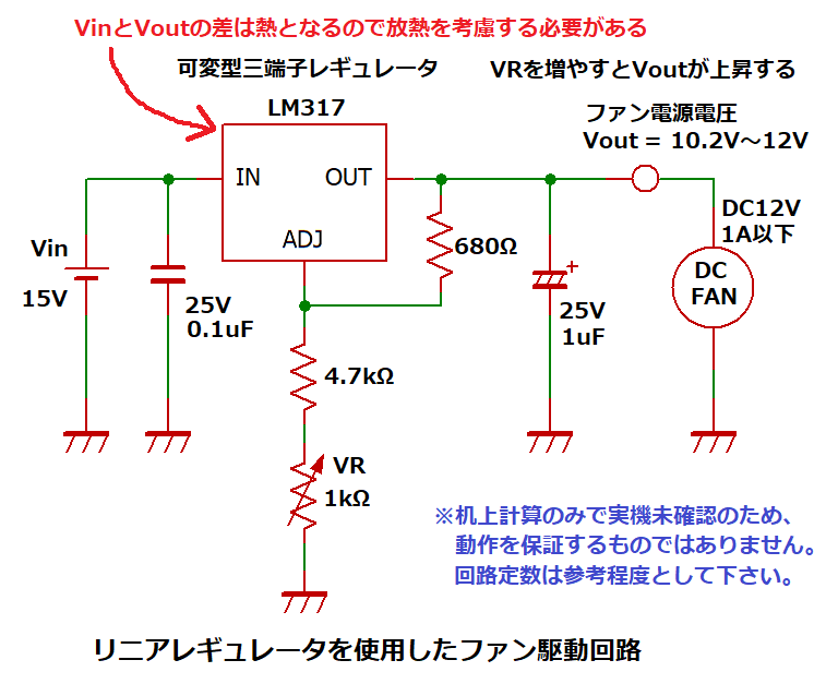 リニアレギュレータを使用したファン駆動回路
